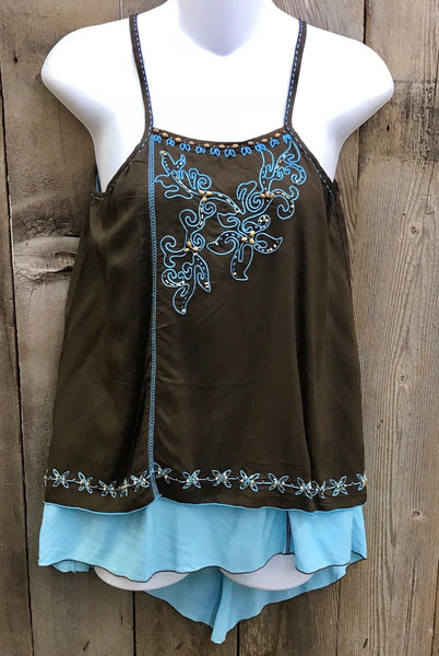 Brown & Turquoise Spaghetti Top