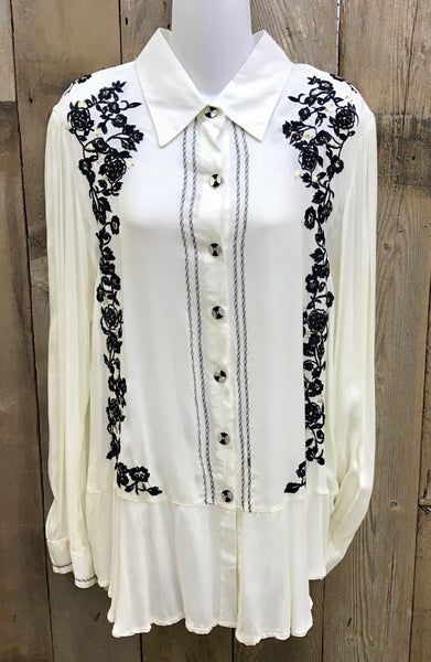 White & Black Embroidered Top